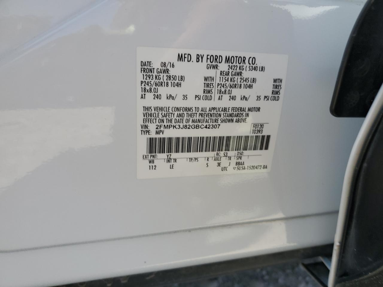 2016 Ford Edge Sel VIN: 2FMPK3J82GBC42307 Lot: 63704275