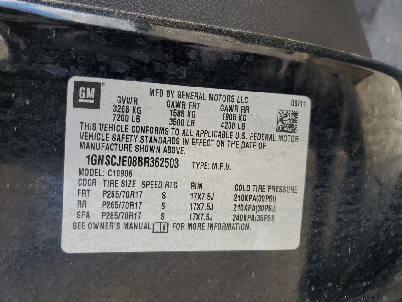 2011 Chevrolet Suburban C1500 Lt VIN: 1GNSCJE08BR362503 Lot: 63496605