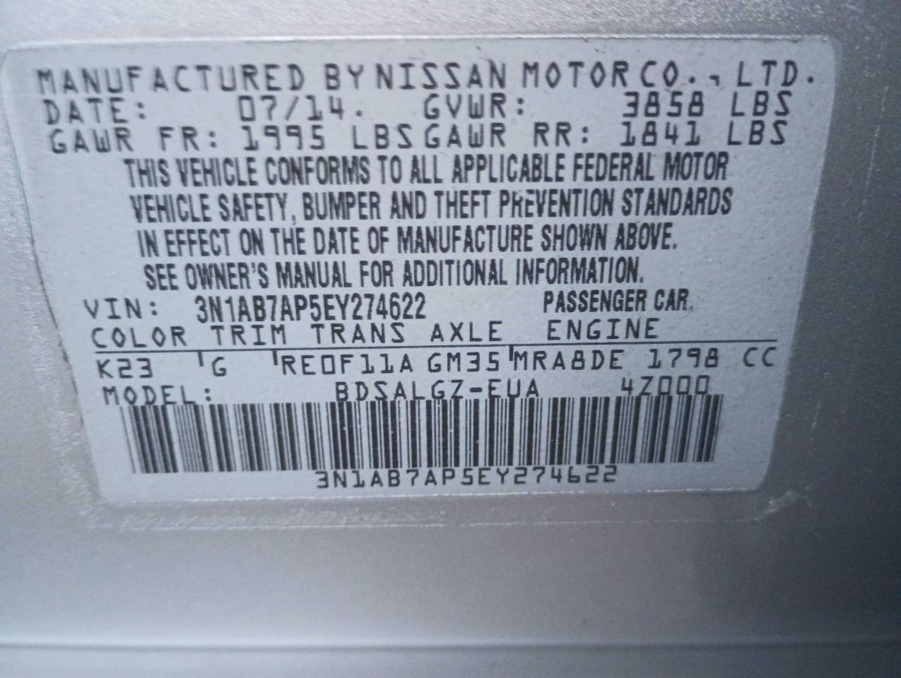 3N1AB7AP5EY274622 2014 Nissan Sentra S