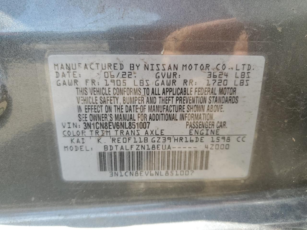 2022 Nissan Versa Sv VIN: 3N1CN8EV6NL851007 Lot: 63976715