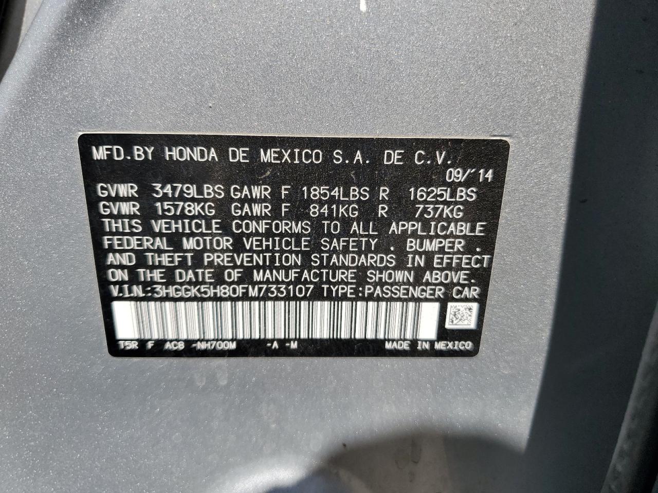 2015 Honda Fit Ex VIN: 3HGGK5H80FM733107 Lot: 63393035
