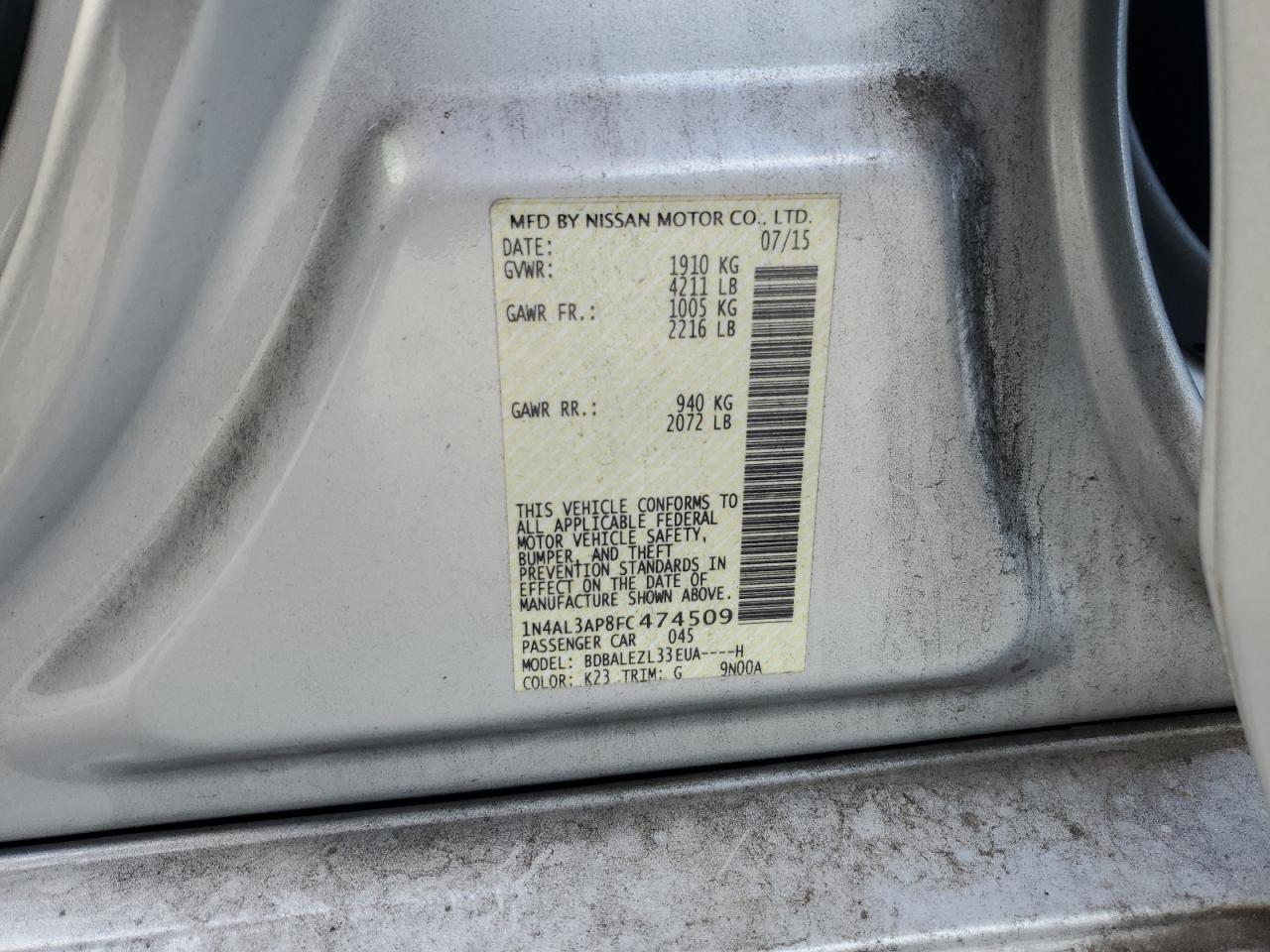 2015 Nissan Altima 2.5 VIN: 1N4AL3AP8FC474509 Lot: 65045305