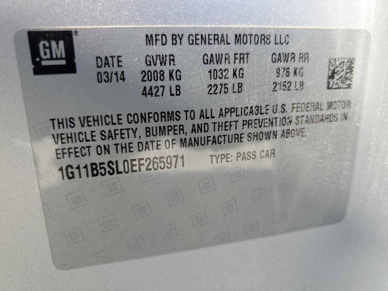 2014 Chevrolet Malibu Ls VIN: 1G11B5SL0EF265971 Lot: 62690805