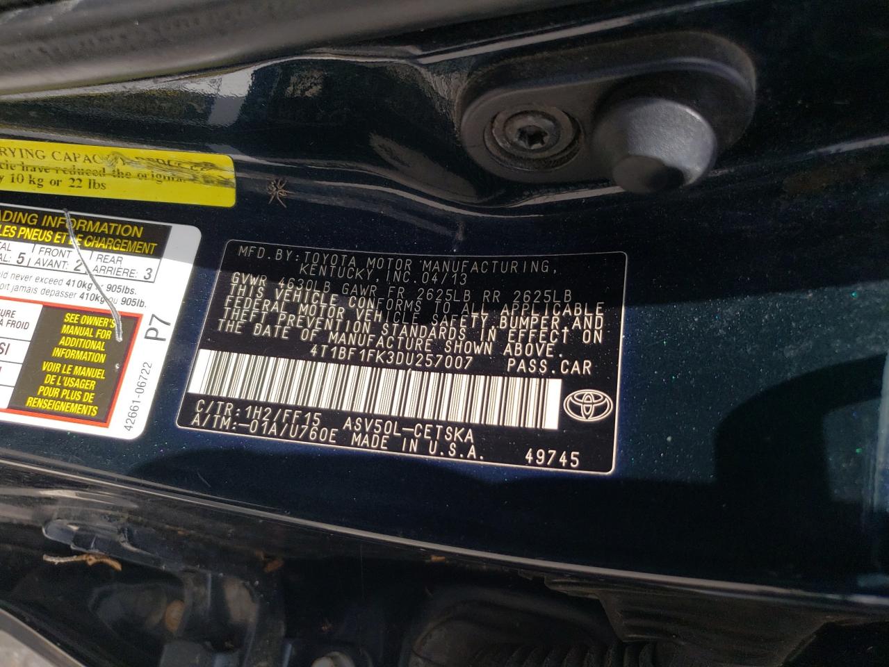 2013 Toyota Camry L VIN: 4T1BF1FK3DU257007 Lot: 65622105