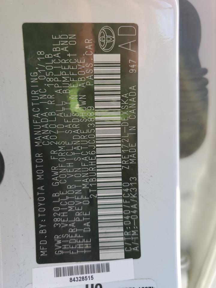 2018 Toyota Corolla L VIN: 2T1BURHE6JC053889 Lot: 64619995