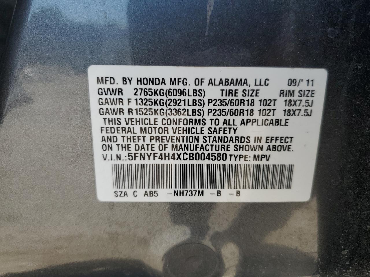 2012 Honda Pilot Ex VIN: 5FNYF4H4XCB004580 Lot: 63078565