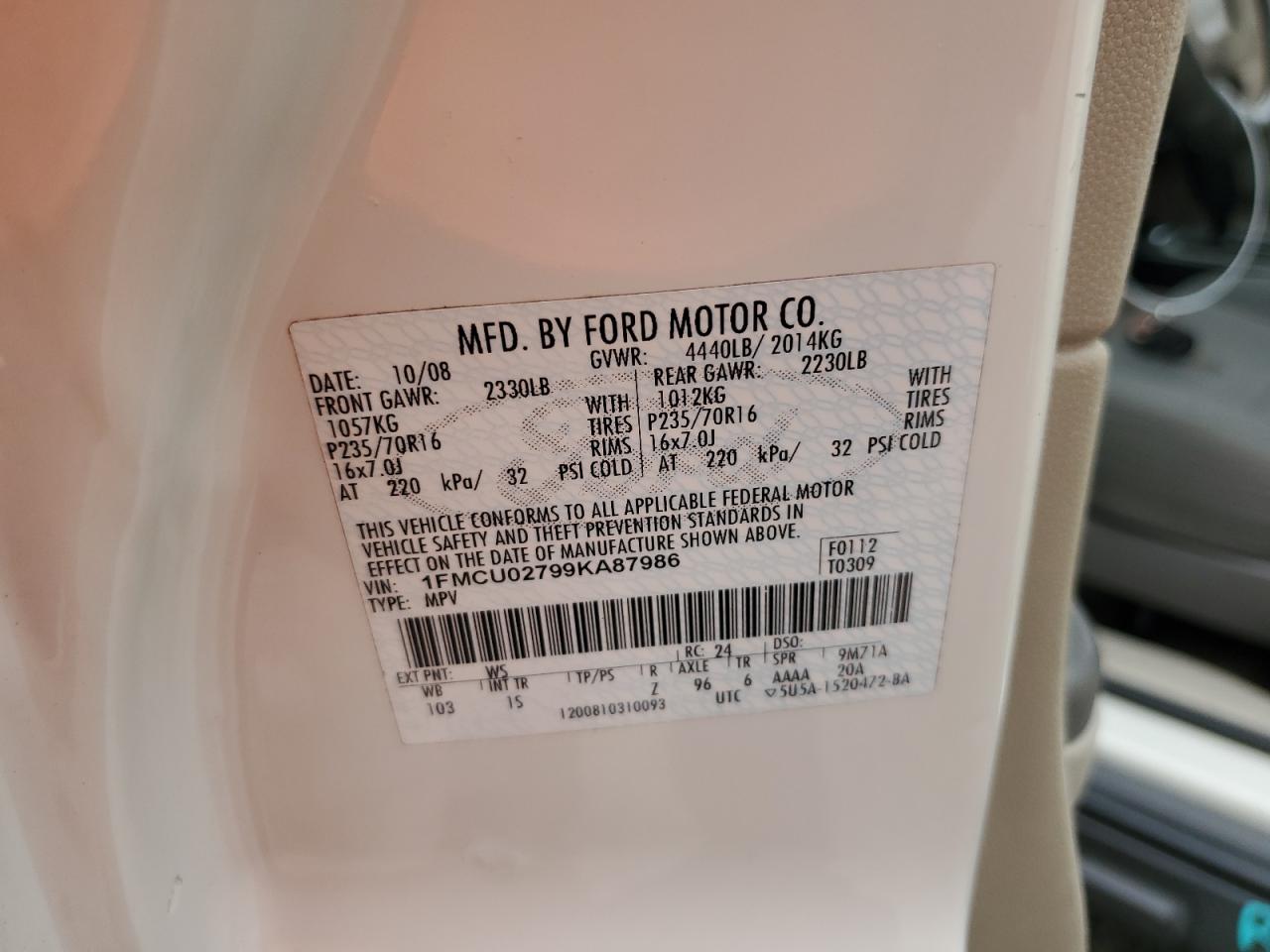 2009 Ford Escape Xls VIN: 1FMCU02799KA87986 Lot: 65410175