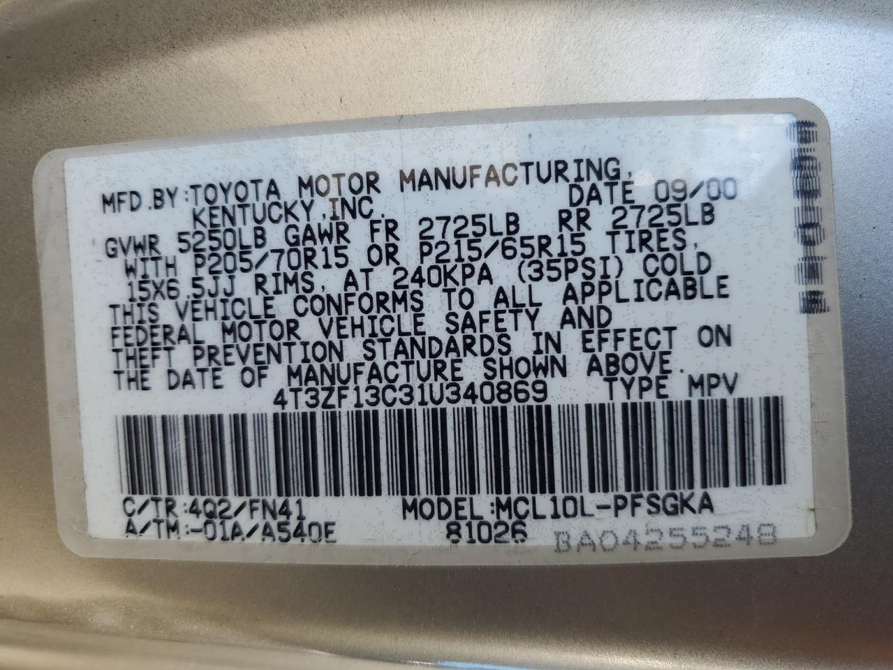 2001 Toyota Sienna Le VIN: 4T3ZF13C31U340869 Lot: 62891485
