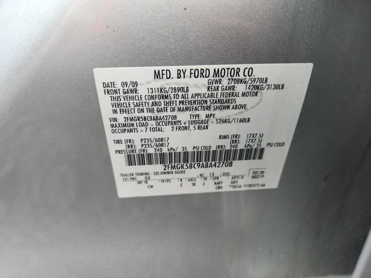 2010 Ford Flex Se VIN: 2FMGK5BC9ABA42708 Lot: 63506705