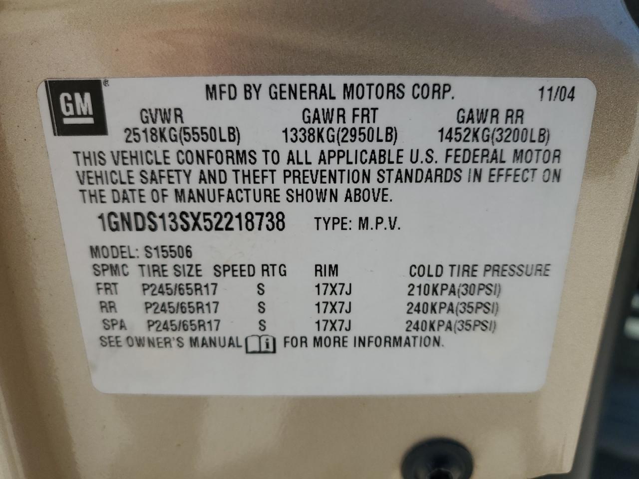2005 Chevrolet Trailblazer Ls VIN: 1GNDS13SX52218738 Lot: 66212505