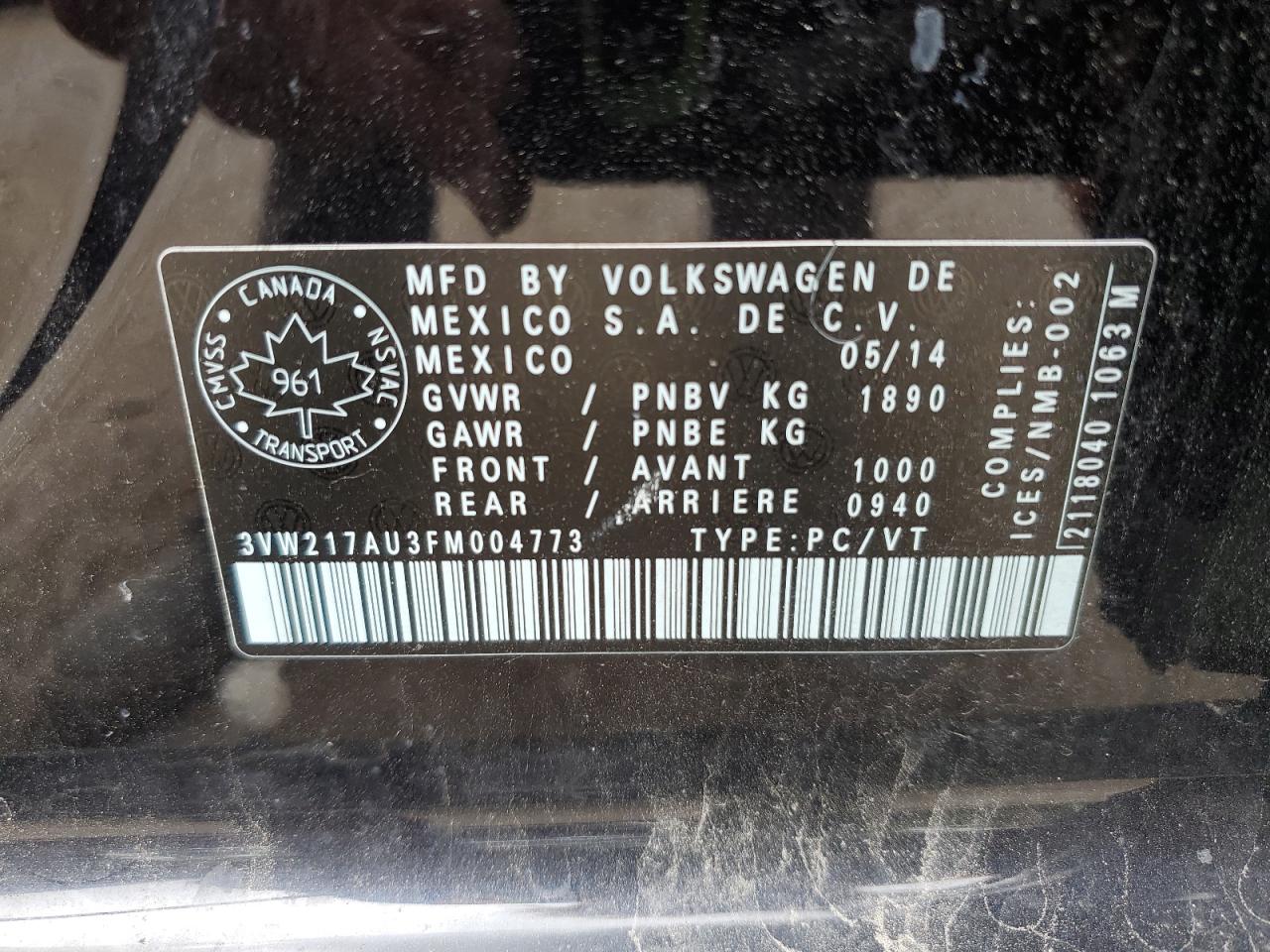 2015 Volkswagen Golf VIN: 3VW217AU3FM004773 Lot: 63286425