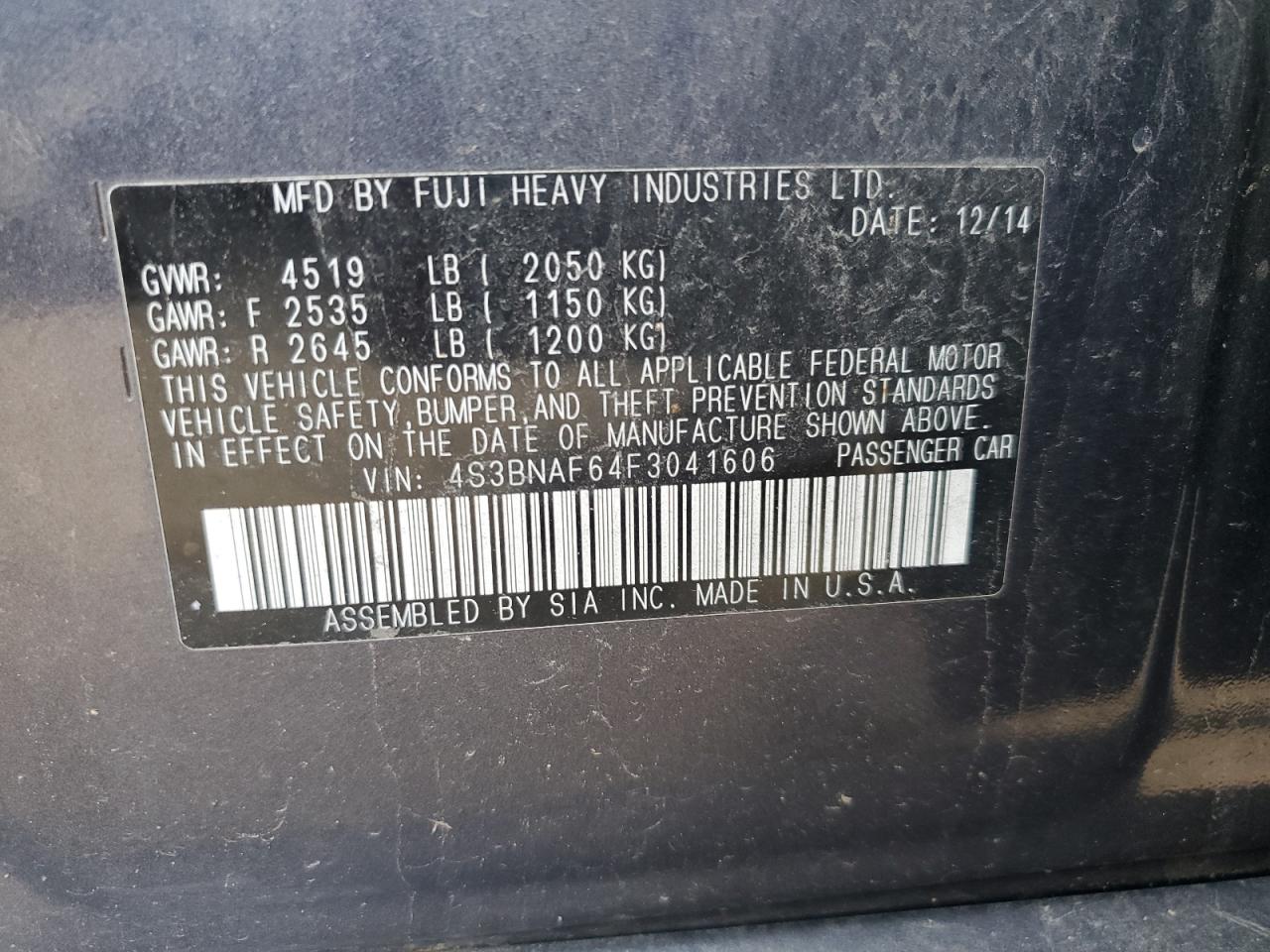 2015 Subaru Legacy 2.5I Premium VIN: 4S3BNAF64F3041606 Lot: 65373795