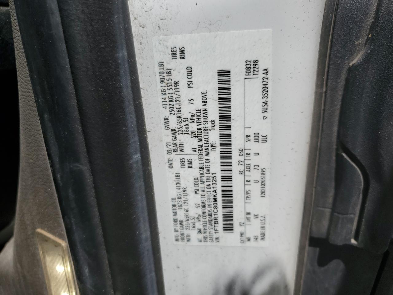 2021 Ford Transit T-250 VIN: 1FTBR1C80MKA13251 Lot: 64604455