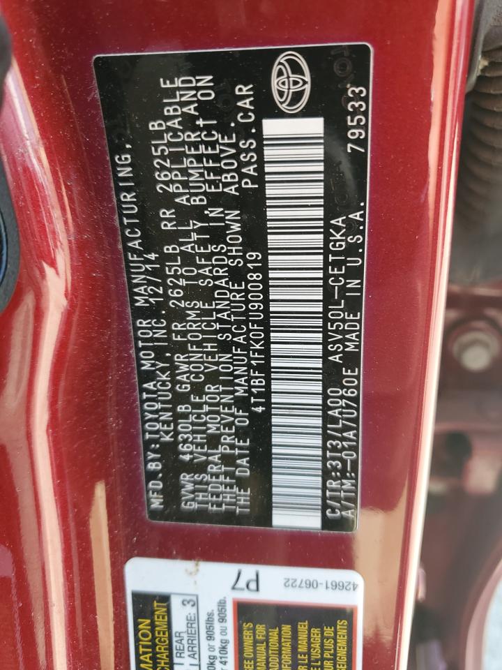 2015 Toyota Camry Le VIN: 4T1BF1FK0FU900819 Lot: 63121695