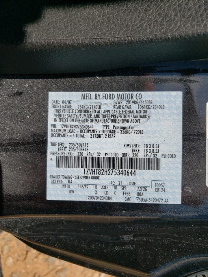2007 Ford Mustang Gt VIN: 1ZVHT82H275340644 Lot: 63750675