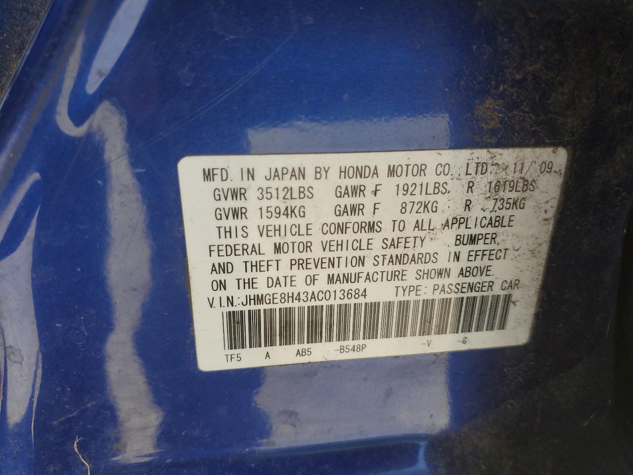 2010 Honda Fit Sport VIN: JHMGE8H43AC013684 Lot: 59904895