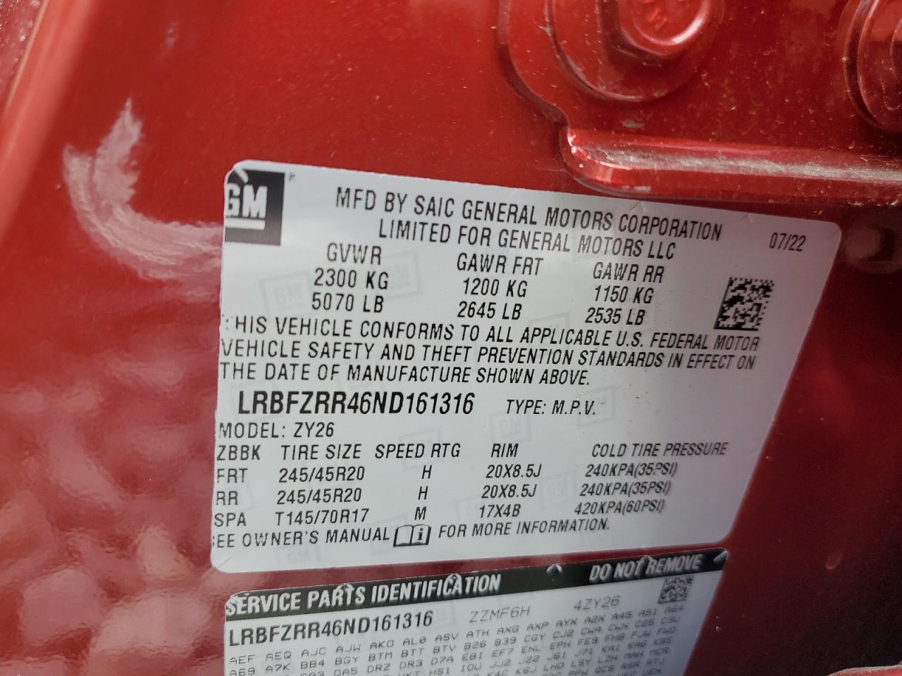 2022 Buick Envision Avenir VIN: LRBFZRR46ND161316 Lot: 66100565