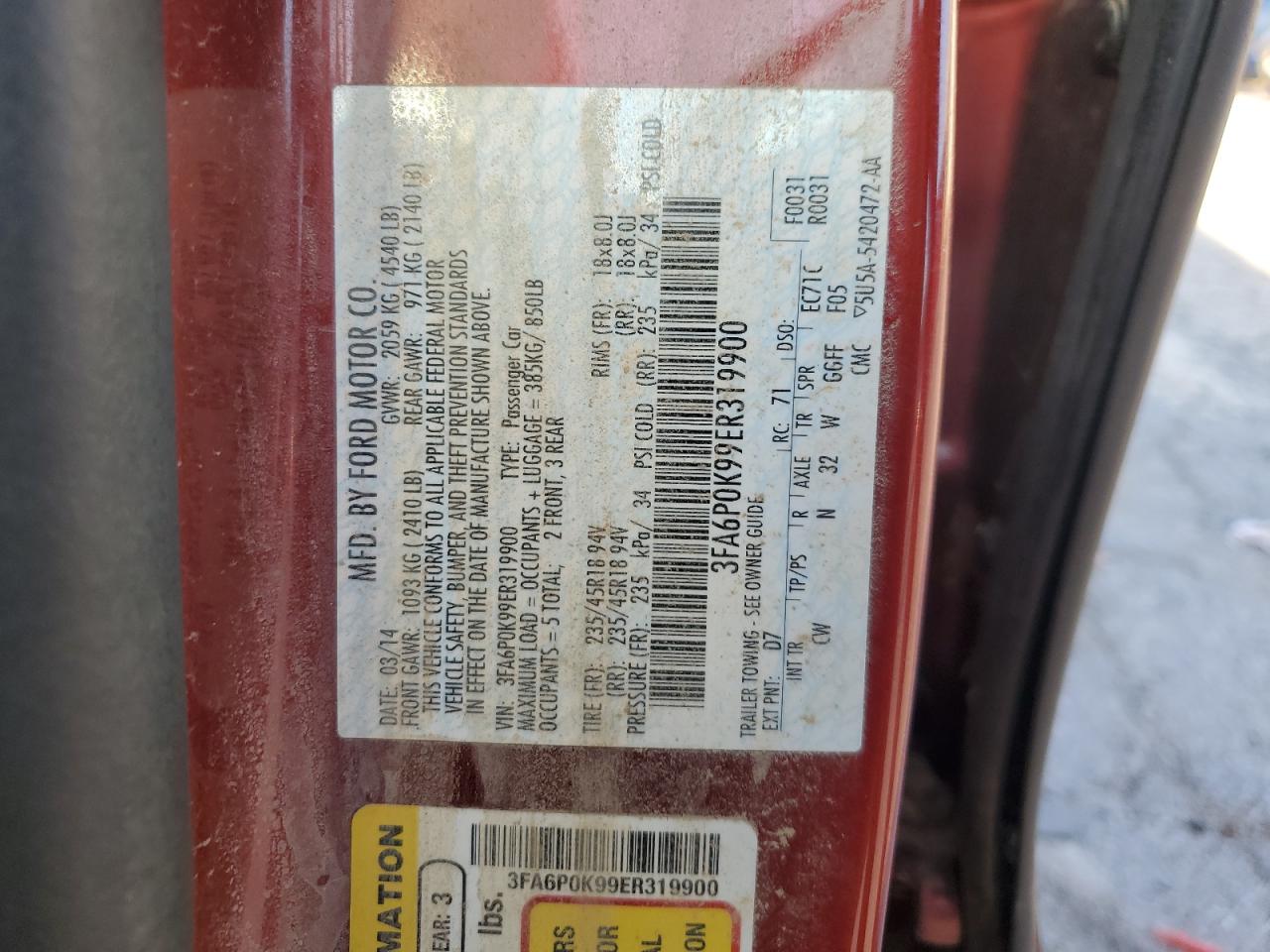 2014 Ford Fusion Titanium VIN: 3FA6P0K99ER319900 Lot: 63099345