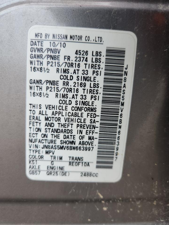 2011 Nissan Rogue S VIN: JN8AS5MV6BW663997 Lot: 64175355