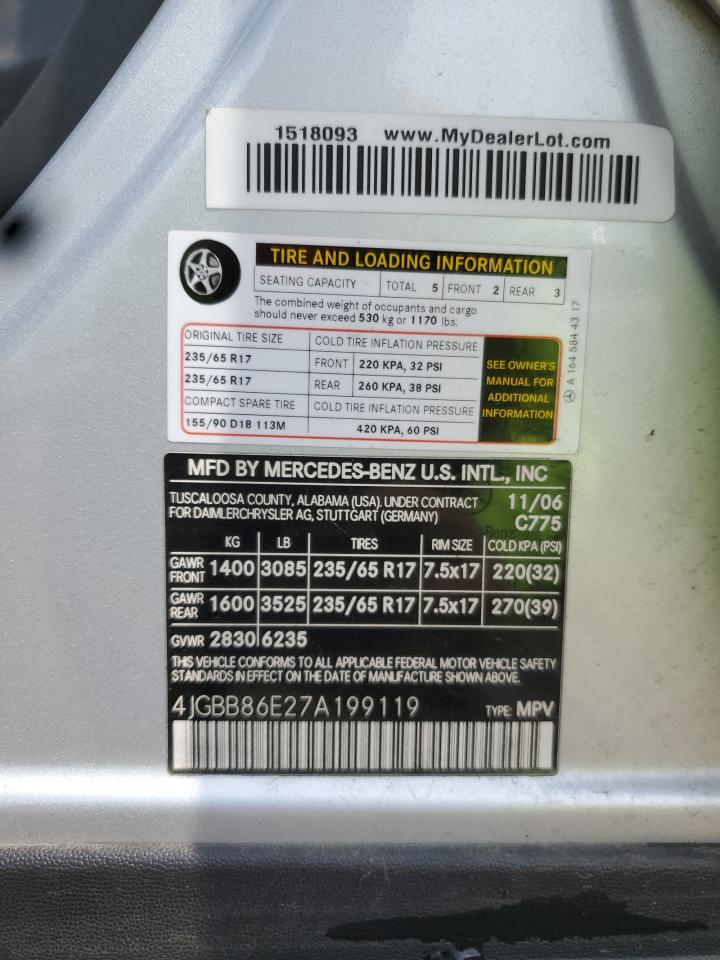 2007 Mercedes-Benz Ml 350 VIN: 4JGBB86E27A199119 Lot: 64147635