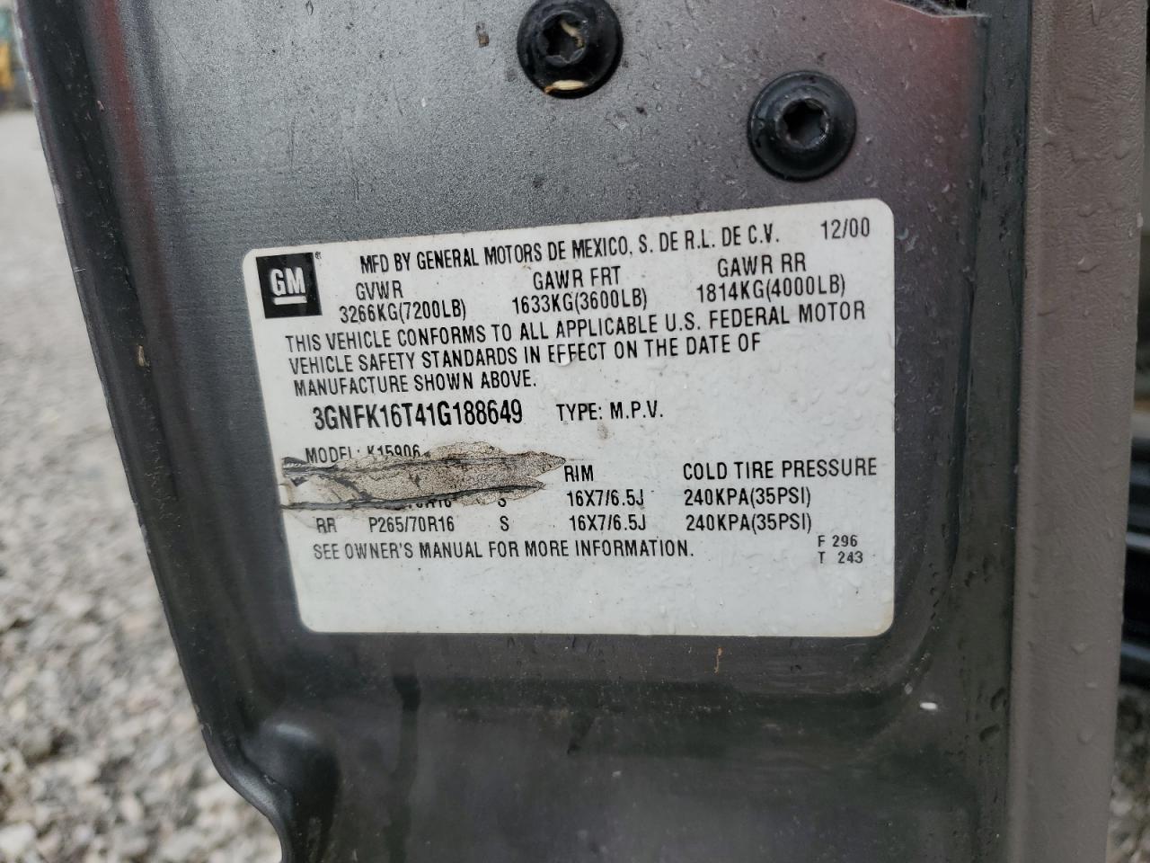 2001 Chevrolet Suburban K1500 VIN: 3GNFK16T41G188649 Lot: 65444955