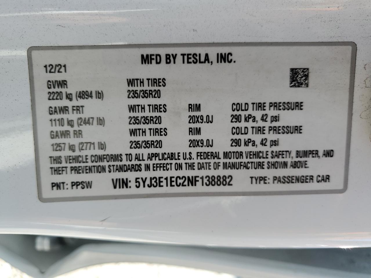 2022 Tesla Model 3 VIN: 5YJ3E1EC2NF138882 Lot: 62903135