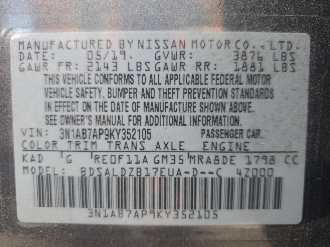 2019 Nissan Sentra S VIN: 3N1AB7AP9KY352105 Lot: 64808305