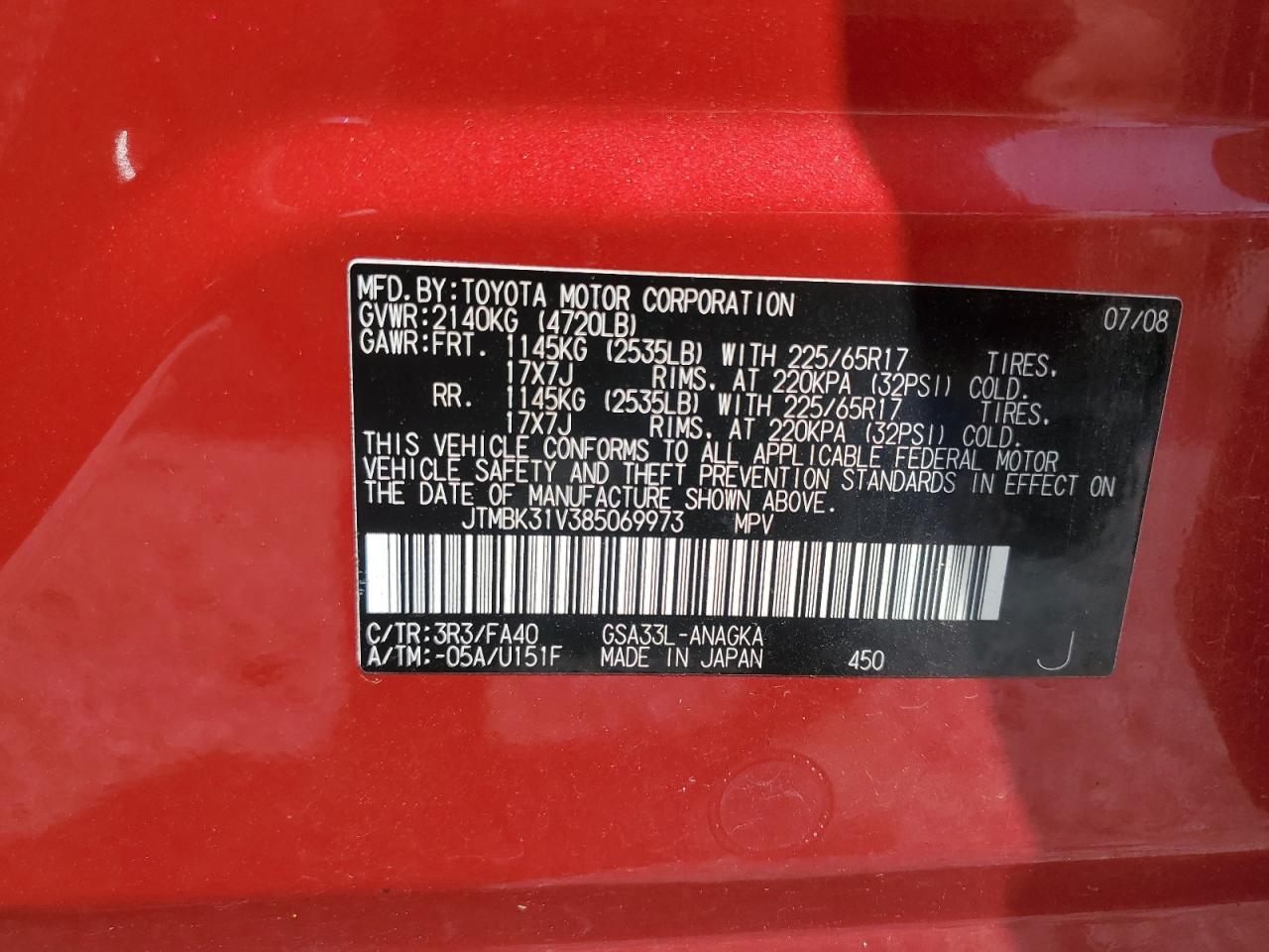 2008 Toyota Rav4 Limited VIN: JTMBK31V385069973 Lot: 64853635