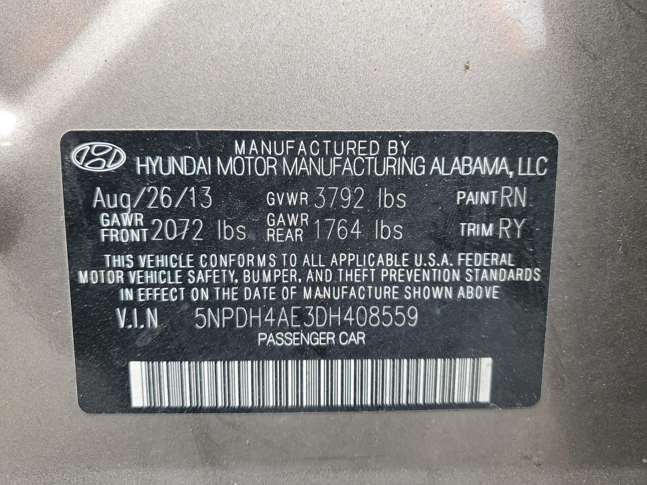 2013 Hyundai Elantra Gls VIN: 5NPDH4AE3DH408559 Lot: 63345115