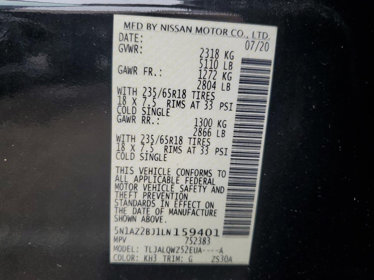 2020 Nissan Murano Sv VIN: 5N1AZ2BJ1LN159401 Lot: 65150345