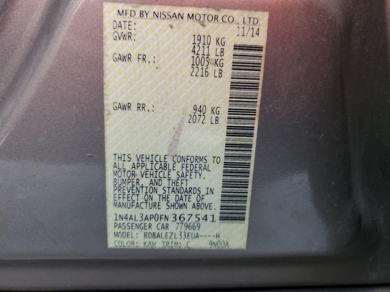 1n4al3ap0fn367541 1N4AL3AP0FN367541 2015 Nissan Altima 2.5