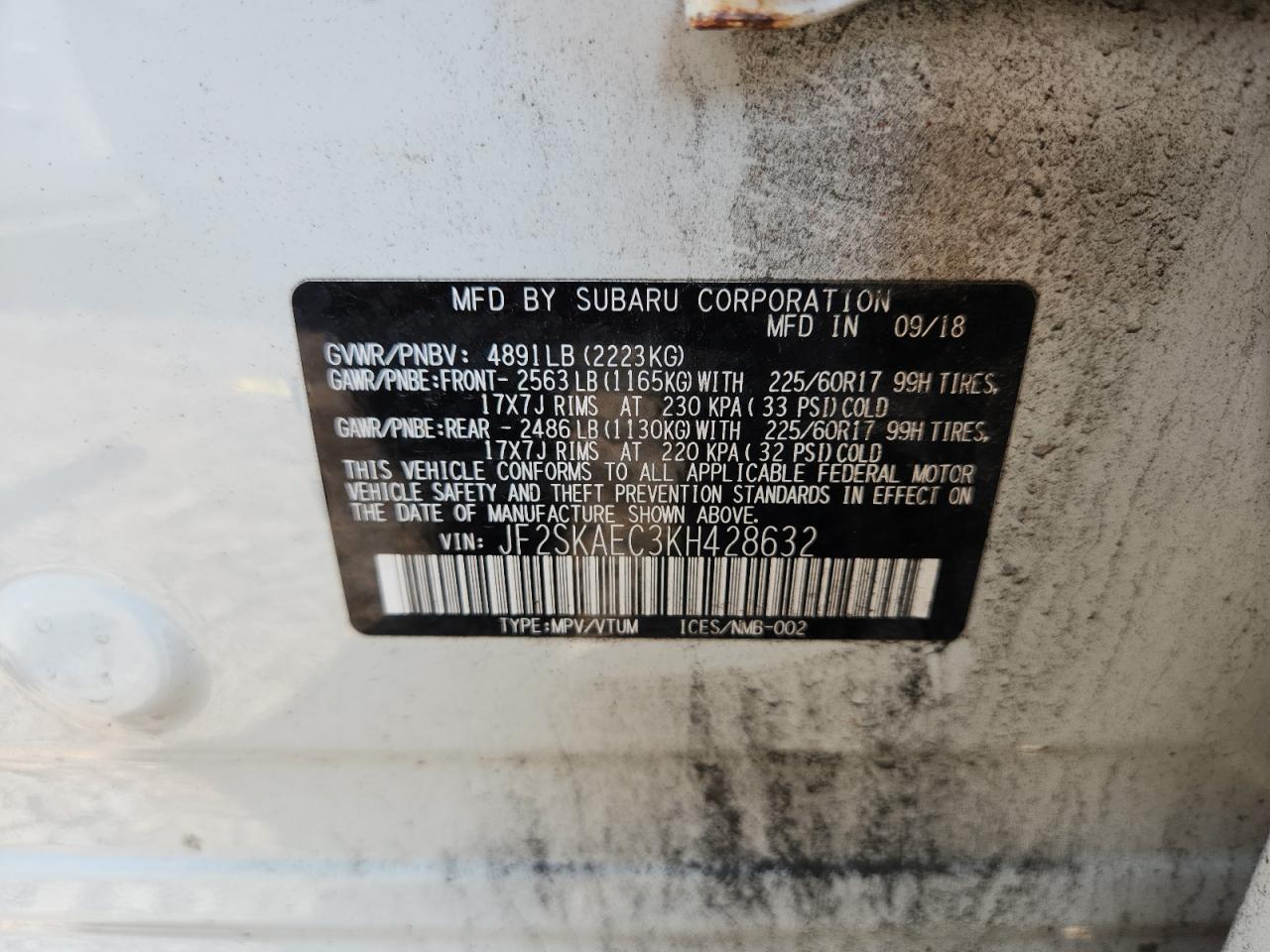 2019 Subaru Forester Premium VIN: JF2SKAEC3KH428632 Lot: 62773215