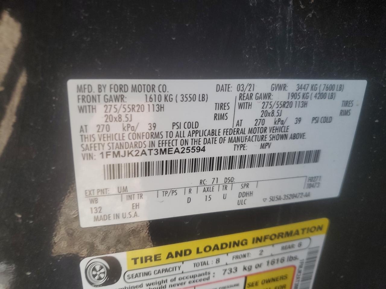 2021 Ford Expedition Max Limited VIN: 1FMJK2AT3MEA25594 Lot: 64573395