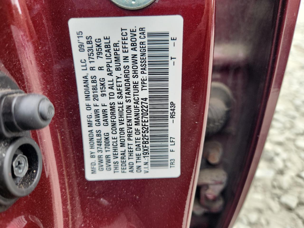 2015 Honda Civic Lx VIN: 19XFB2F52FE702274 Lot: 65535755