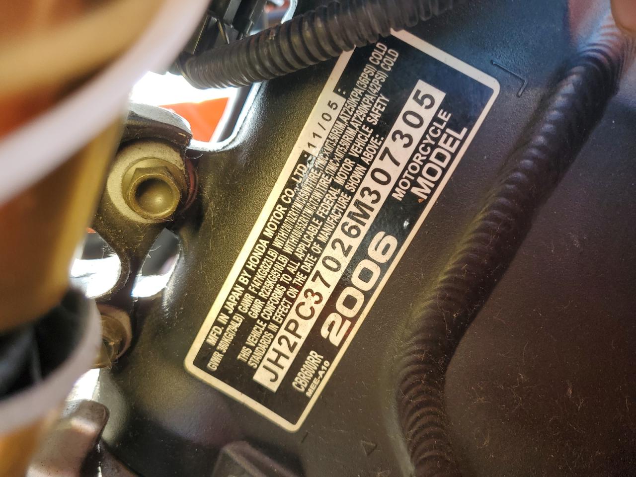 2006 Honda Cbr600 Rr VIN: JH2PC37026M307305 Lot: 62938585