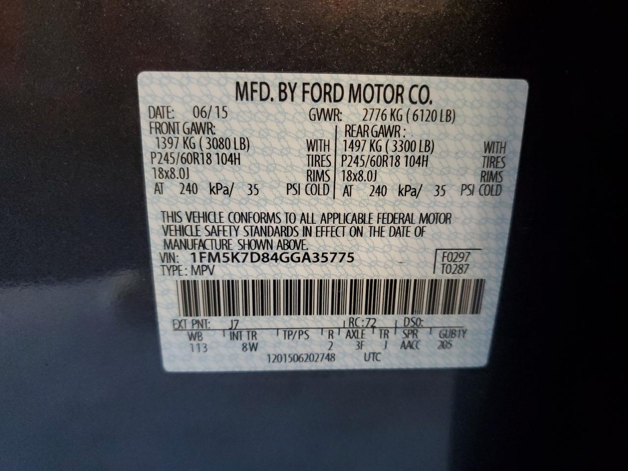 2016 Ford Explorer Xlt VIN: 1FM5K7D84GGA35775 Lot: 65016955