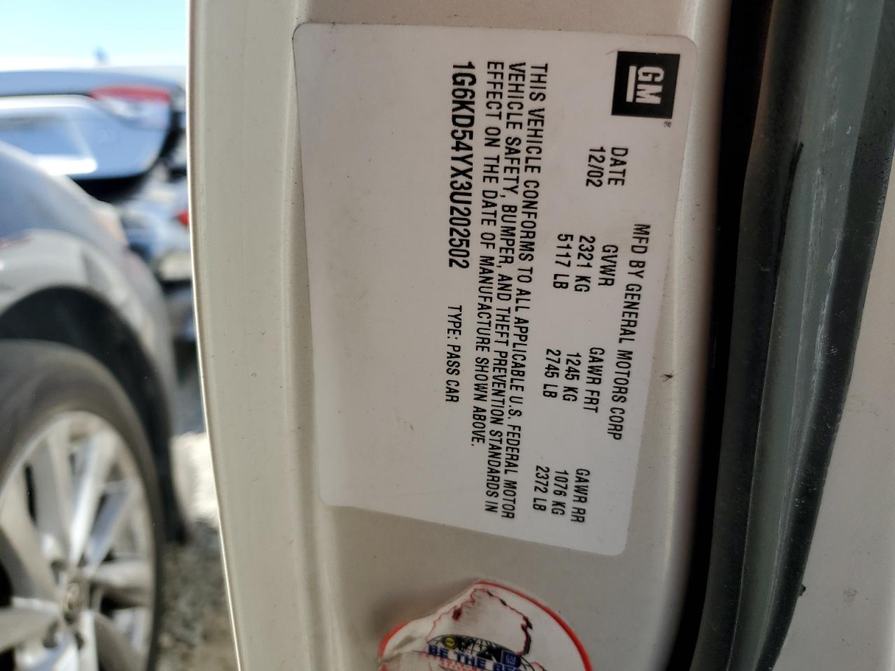 2003 Cadillac Deville VIN: 1G6KD54YX3U202502 Lot: 65269665