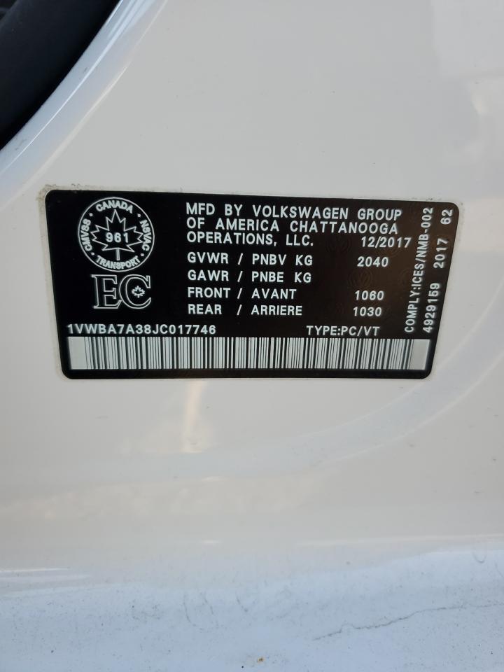 2018 Volkswagen Passat Se VIN: 1VWBA7A38JC017746 Lot: 64788055