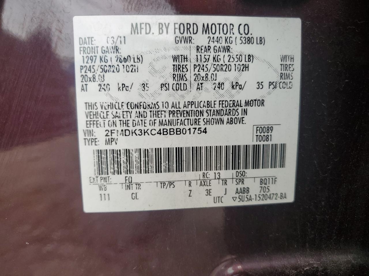 2011 Ford Edge Limited VIN: 2FMDK3KC4BBB01754 Lot: 64843125