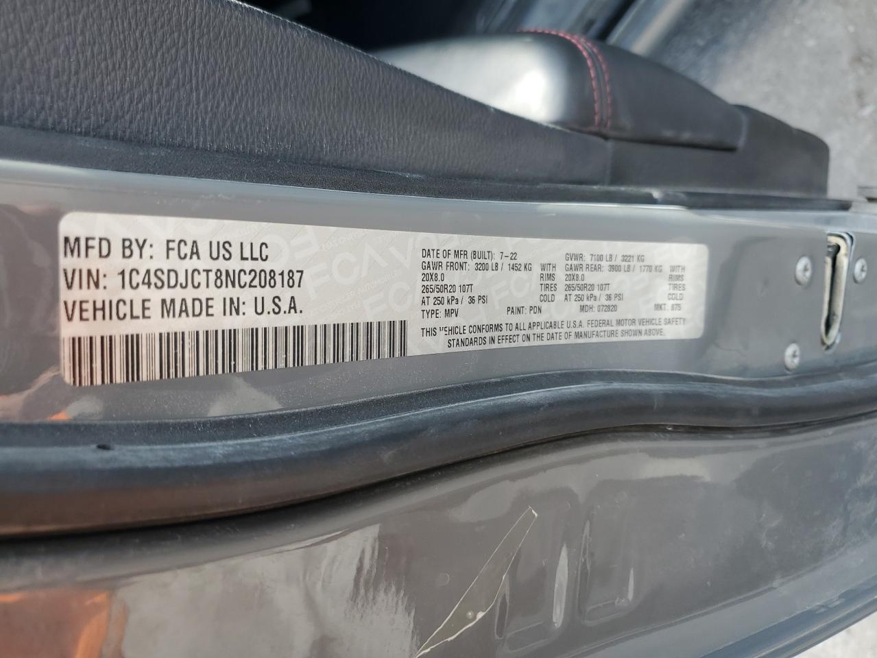 2022 Dodge Durango R/T VIN: 1C4SDJCT8NC208187 Lot: 63316995