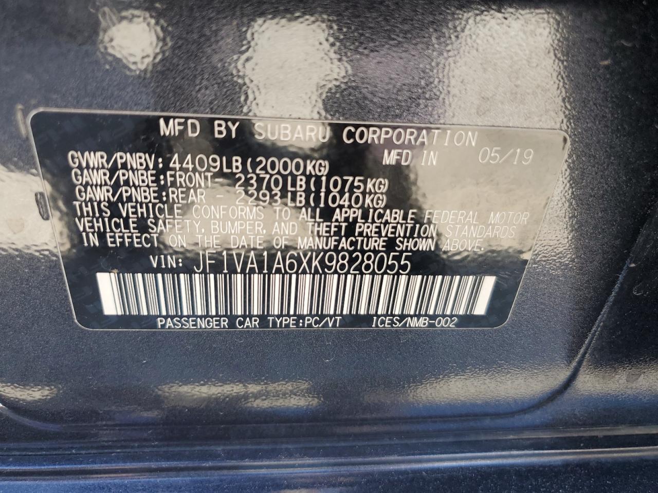 2019 Subaru Wrx VIN: JF1VA1A6XK9828055 Lot: 66177975