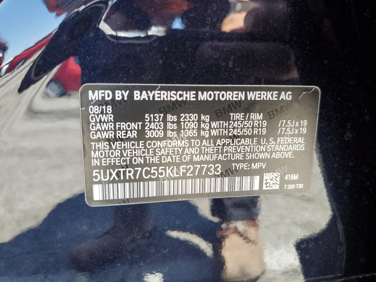 2019 BMW X3 Sdrive30I VIN: 5UXTR7C55KLF27733 Lot: 63706575