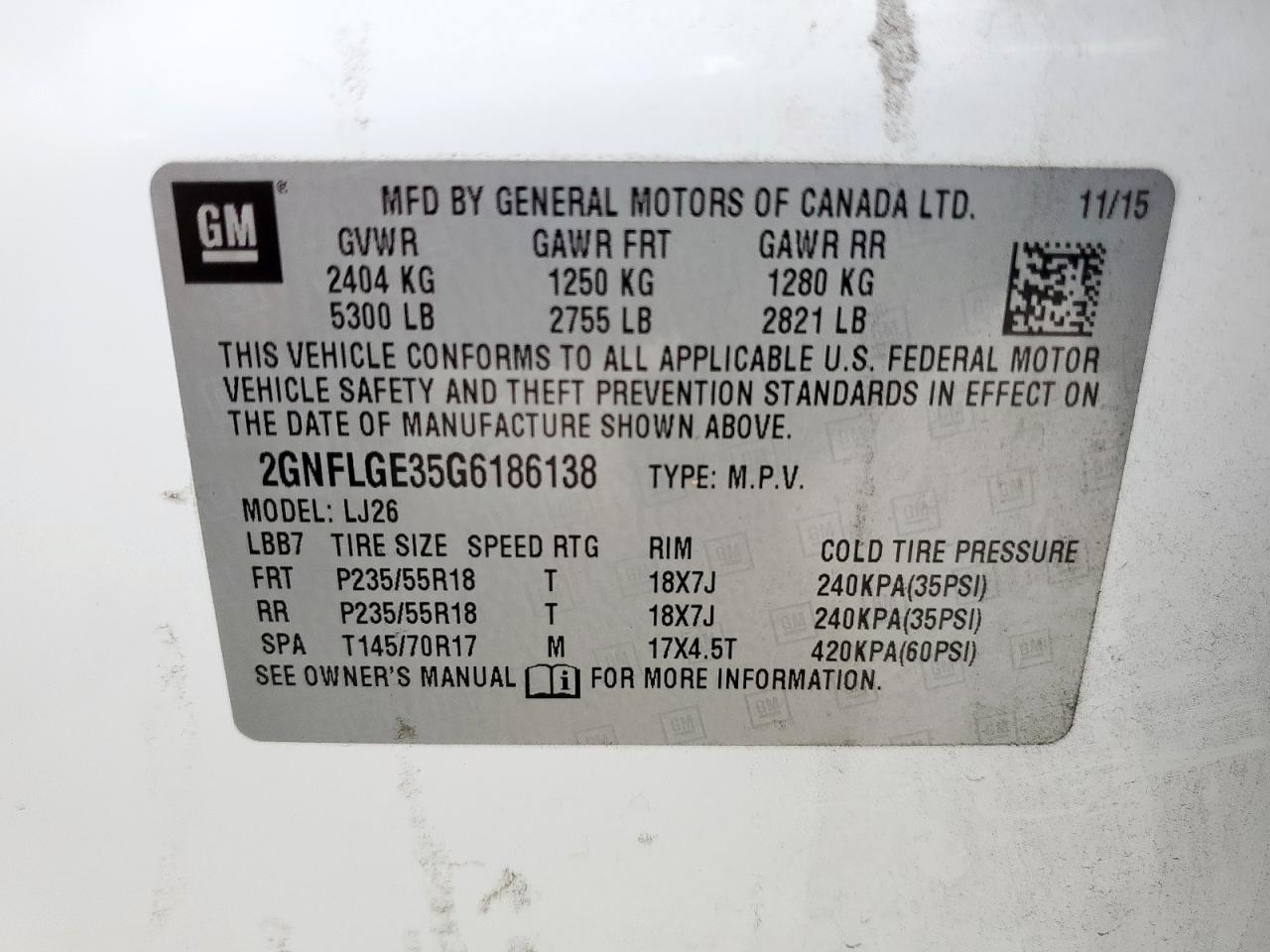 2016 Chevrolet Equinox Ltz VIN: 2GNFLGE35G6186138 Lot: 65212625