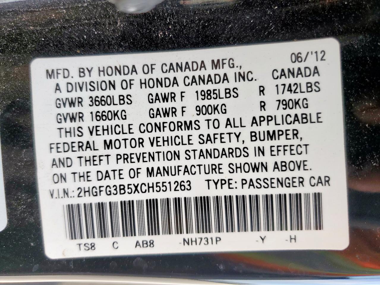 2012 Honda Civic Lx VIN: 2HGFG3B5XCH551263 Lot: 65458295