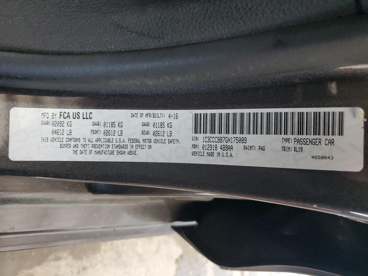 2016 Chrysler 200 S VIN: 1C3CCCBB7GN175089 Lot: 63419535