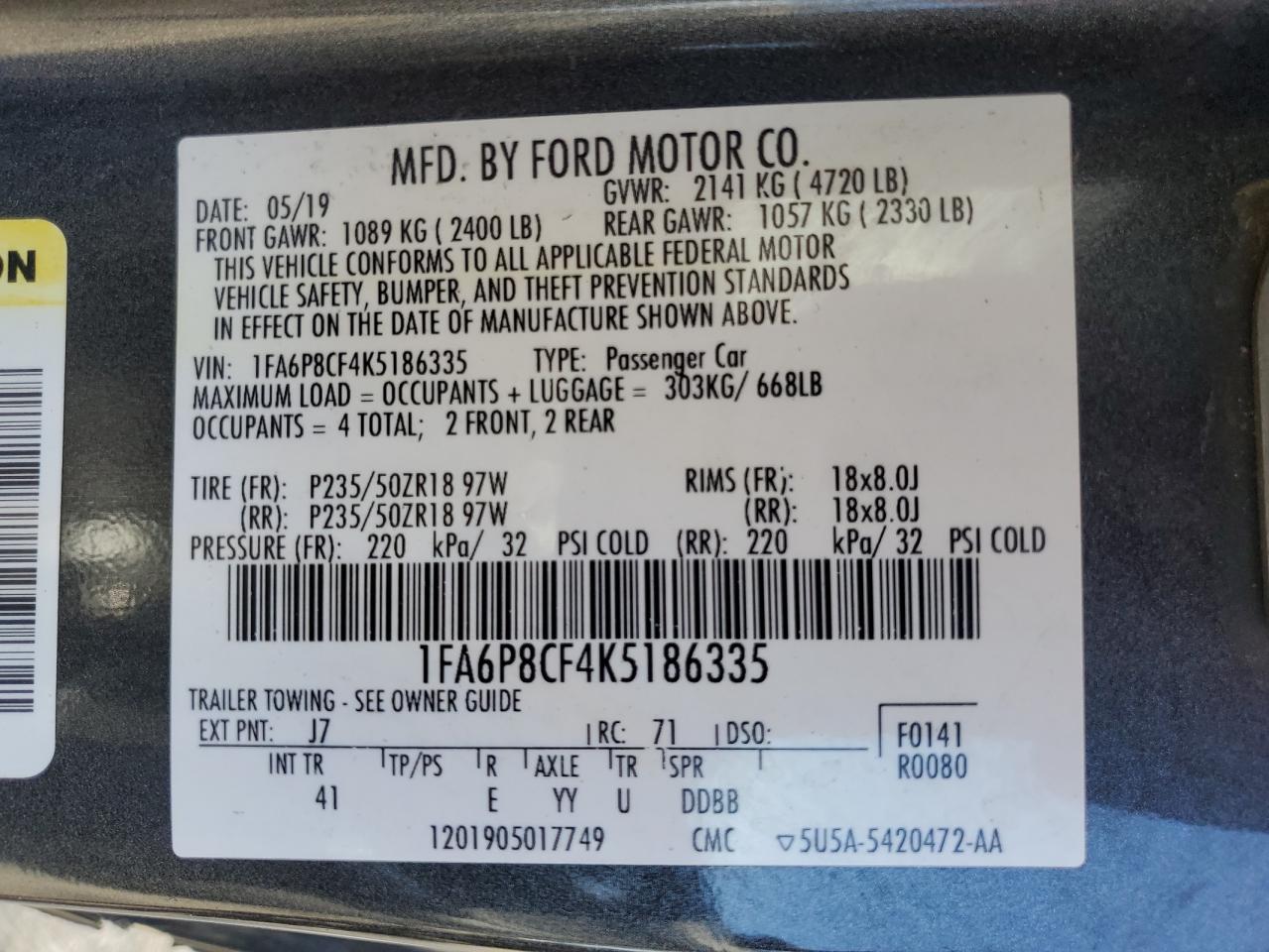 2019 Ford Mustang Gt VIN: 1FA6P8CF4K5186335 Lot: 65821295