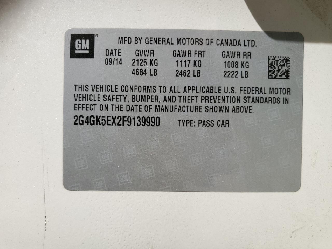 2015 Buick Regal VIN: 2G4GK5EX2F9139990 Lot: 63836325