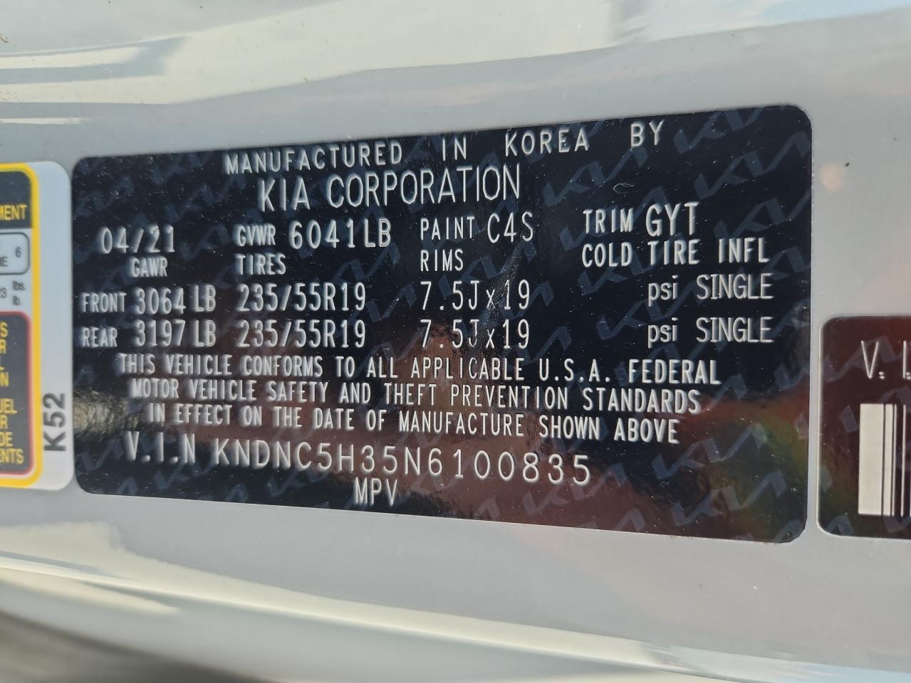 2022 Kia Carnival Ex VIN: KNDNC5H35N6100835 Lot: 63666865