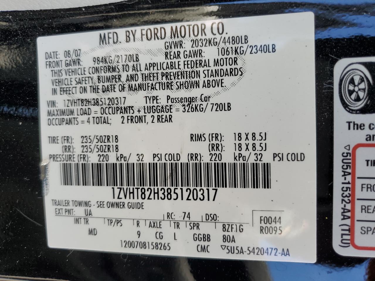 2008 Ford Mustang Gt VIN: 1ZVHT82H385120317 Lot: 63318965