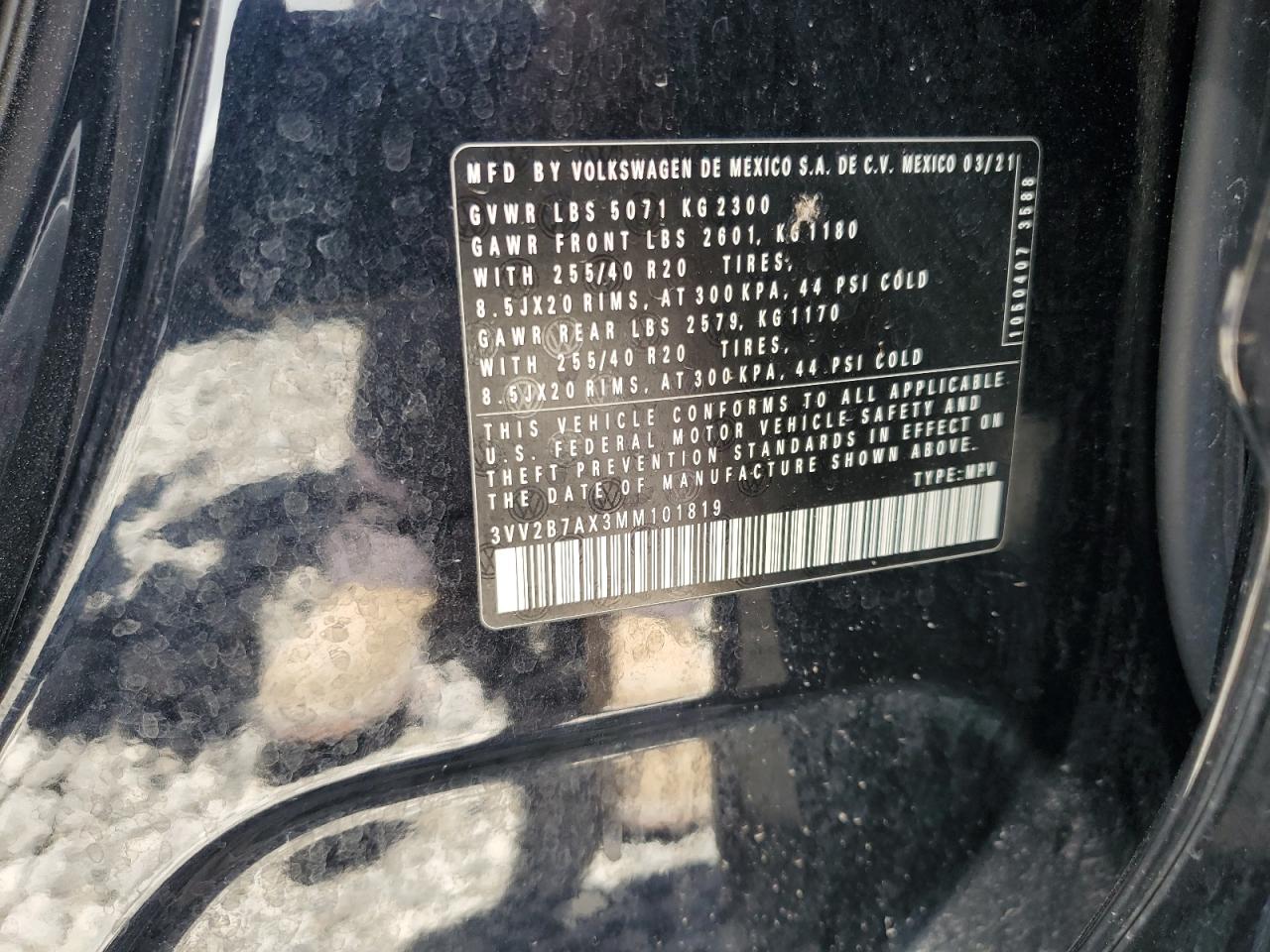 2021 Volkswagen Tiguan Se VIN: 3VV2B7AX3MM101819 Lot: 62788325